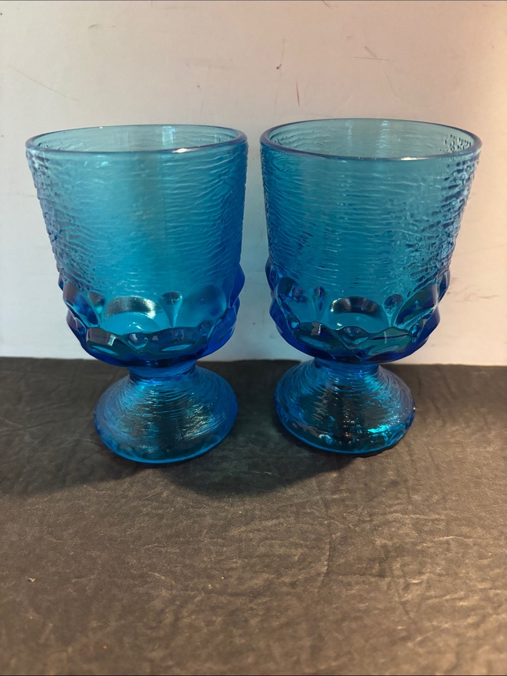 Set of 2 Vintage Brockway Glass Co Monterey Blue Textured Footed 5” Wine Goblets